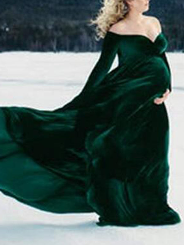 fotobeyou Off Shoulder Pleuche Mermaid Photoshoot Baby Shower Maternity Maxi Dress