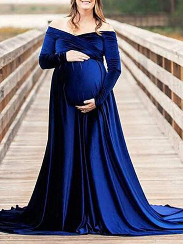 fotobeyou Off Shoulder Pleuche Mermaid Photoshoot Baby Shower Maternity Maxi Dress