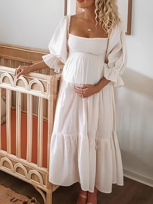 fotobeyou White Off Shoulder Ruffle Shirred Boat Neck Puff Sleeve Bow Bohemian Ivory Maternity Photoshoot Dress