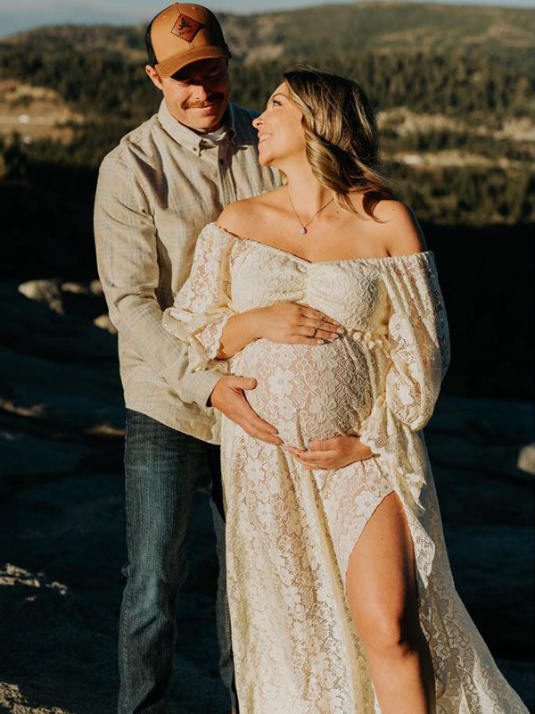 fotobeyou Boho Lace Off Shoulder Lace Tassel Crop 2-in-1 Side Slit Ruffle Photoshoot Maternity Maxi Dress