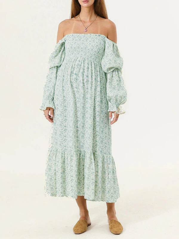 fotobeyou Ruffle Ruched High Waist Puff Sleeve Cute Gender Reveal Maternity Maxi Dress
