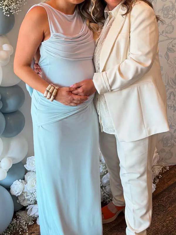 Blue Ruched Backless Side Slit Maternity Baby Shower Maxi Dress