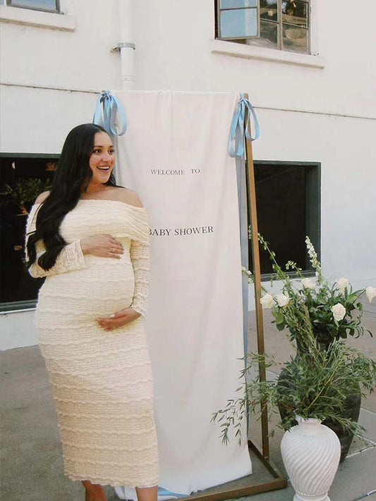 fotobeyou Beige Lace Off Shoulder Ruffle Falbala Bodycon Elegant Maternity Baby Shower Maxi Dress