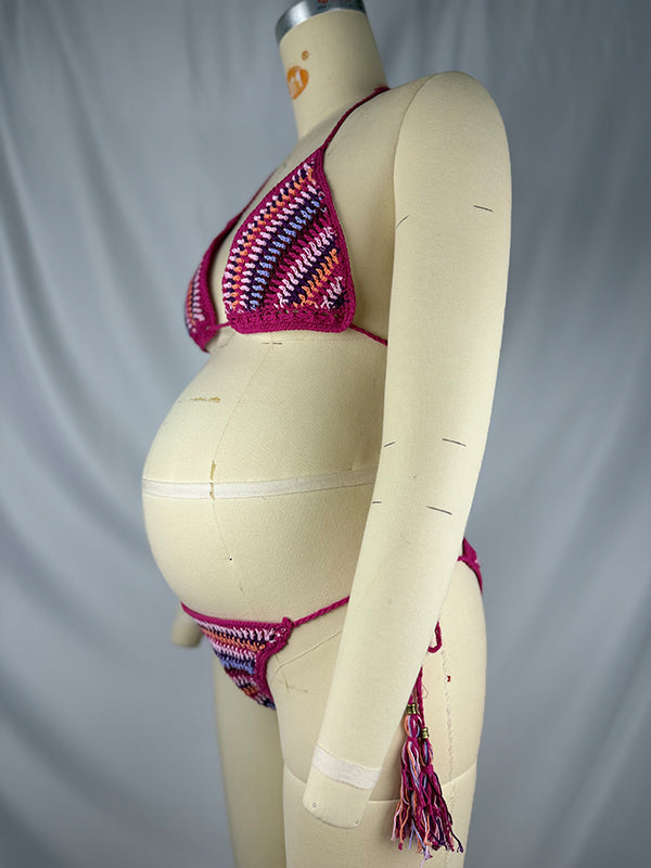 fotobeyou Halter Neck Backless lace-up Tassel Knitted Bikini Elegant Beach Maternity Swimwear