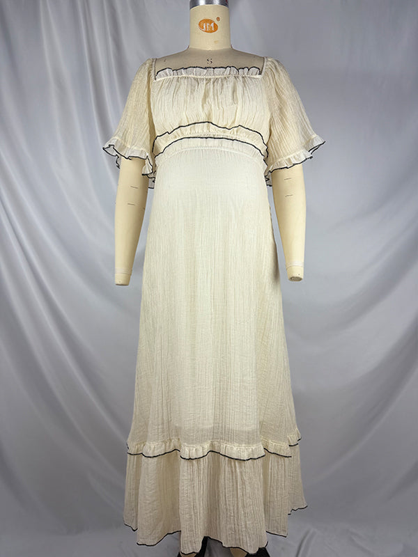 fotobeyou Apricot Lace Ruffle Puff Sleeve Flowy Elegant Maternity Photoshoot Baby Shower Maxi Dress