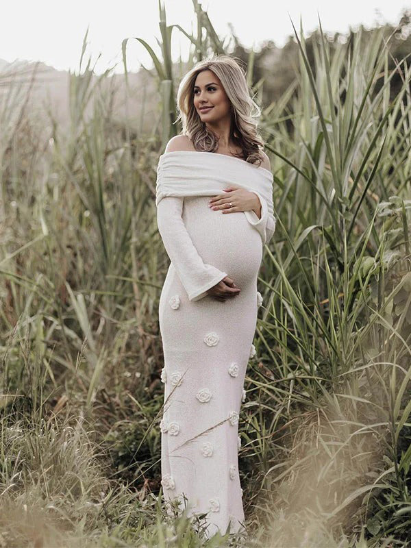 fotobeyou White Off Shoulder 3D Flowers Backless Bodycon Mermaid Cocktail Party Gowns Bandage Photoshoot Maternity Maxi Dress