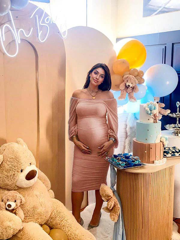 fotobeyou Mesh Ruched Off Shoulder Lantern Sleeve Square Neck Bodycon Elegant Party Maternity Photoshoot Baby Shower Midi Dress