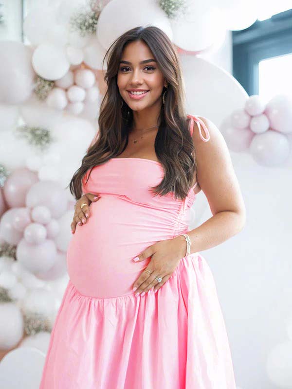 fotobeyou Solid Color Ruched Knotted Adjustable Strap Pockets Big Swing Drop-Waist Puffball Elegant Cocktail Party Gown Maternity Photoshoot Baby Shower Maxi Dress