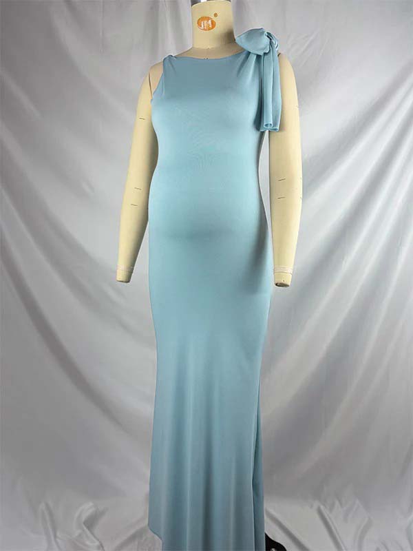 Blue Bowknot One Shoulder Elegant Maternity Baby Shower Maxi Dress