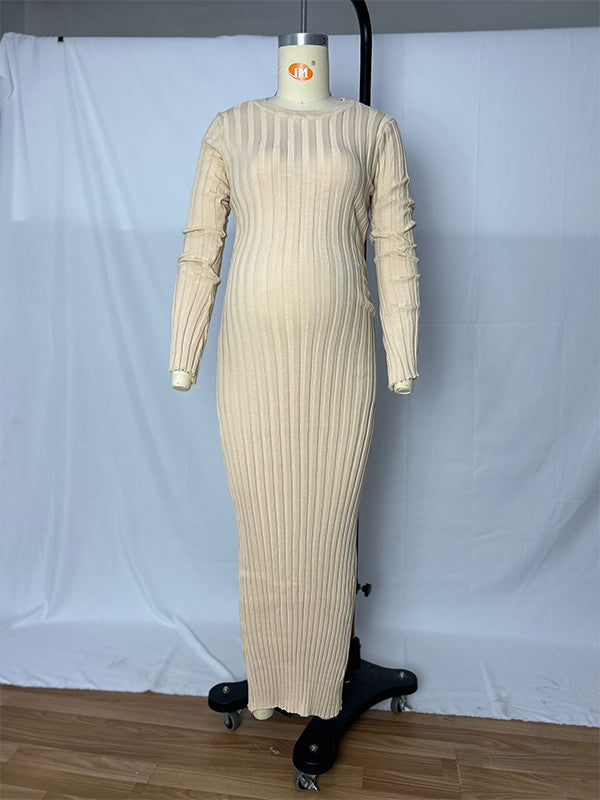fotobeyou Solid Color Sashes Knit Lace-up High Waist Going Out Photoshoot Maternity Sweater Maxi Dress