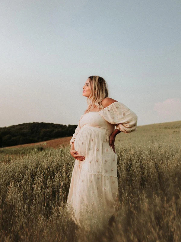 fotobeyou Apricot Daisy Print Smocked Off Shoulder Ruffle Big Swing Elegant Vacation Maternity Photoshoot Baby Shower Party Maxi Dress