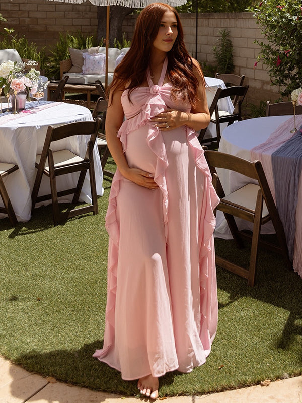 fotobeyou Pink Ruffle 3D Flower Cut Out Halter Neck Elegant Maternity Maxi Dress