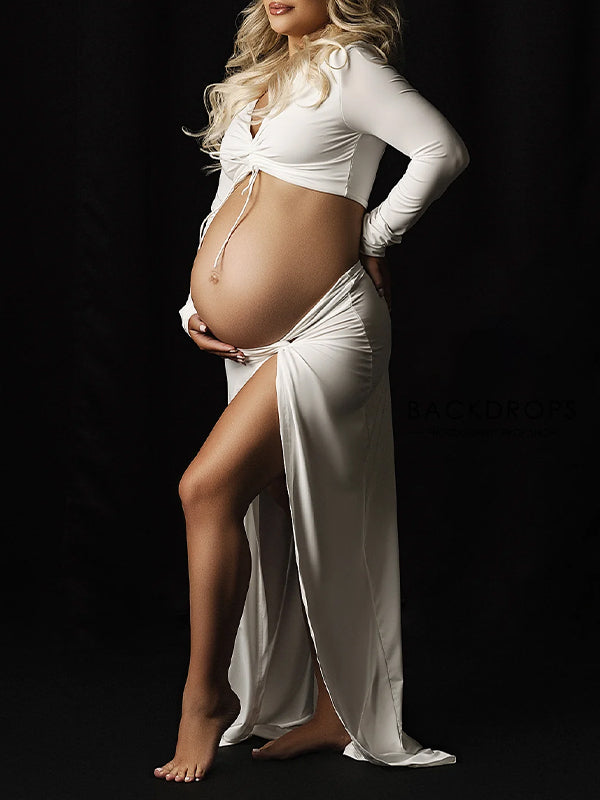 fotobeyou White 2 Pieces Ruched Drawstring Knot Side Slit Backless V-neck Baby Shower Photoshoot Maternity Maxi Dress