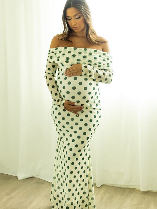 fotobeyou White Off Shoulder Olive Green Polka Dot Bodycon Boho Photoshoot Baby Shower Maternity Maxi Dress