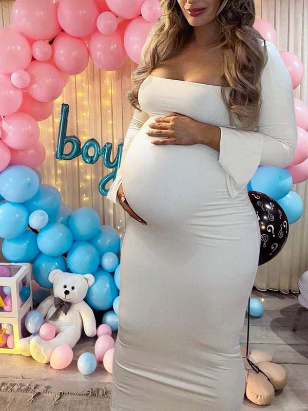 fotobeyou Elegant Long Sleeve Maternity Dress Ultimate Gender Reveal Outfit White Bodycon Dress