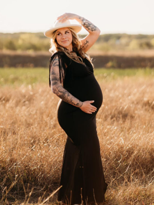 fotobeyou Black Tassel Fringe Cross Chest Mermaid Plus Size Elegant Maternity Maxi Dress