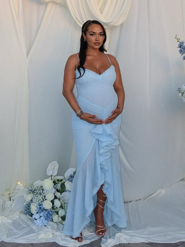 Blue Mesh Ruched Ruffle High-Low Mermaid Cami Elegant Maternity Maxi Dress