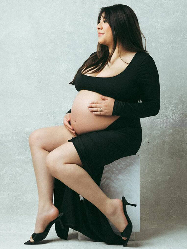 fotobeyou Black Ruffle Cut Out Crop Side Slit Irregular Bodycon Photoshoot Maternity Maxi Dress