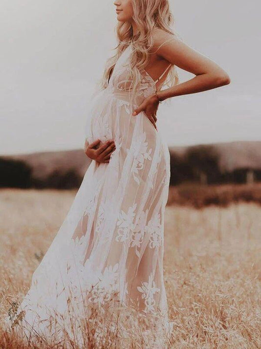 fotobeyou White Lace Boho Maxi Maternity Photoshoot Dress Specially Designed for Outdoor and Beach Maternity Photography Gowns