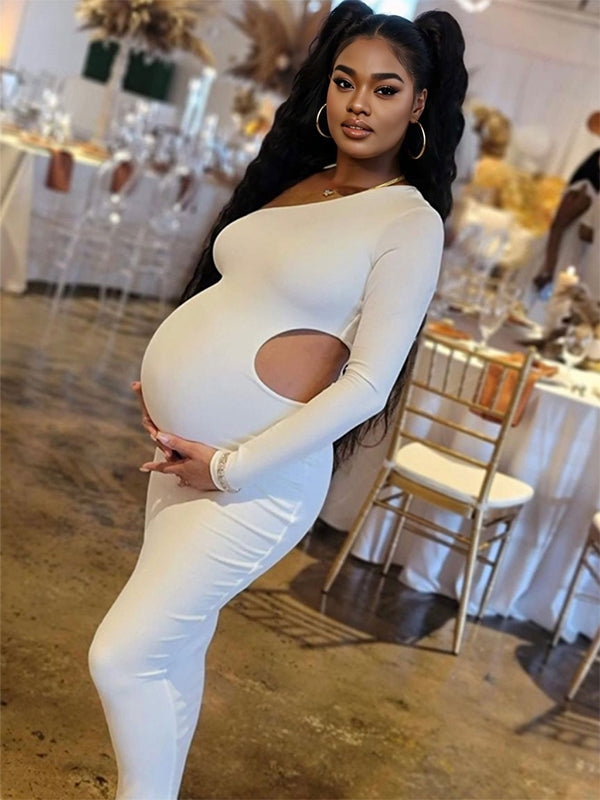 fotobeyou One Shoulder Cut Out Irregular Bodycon Long Sleeve Fashion Baby Shower Maternity Maxi Dress