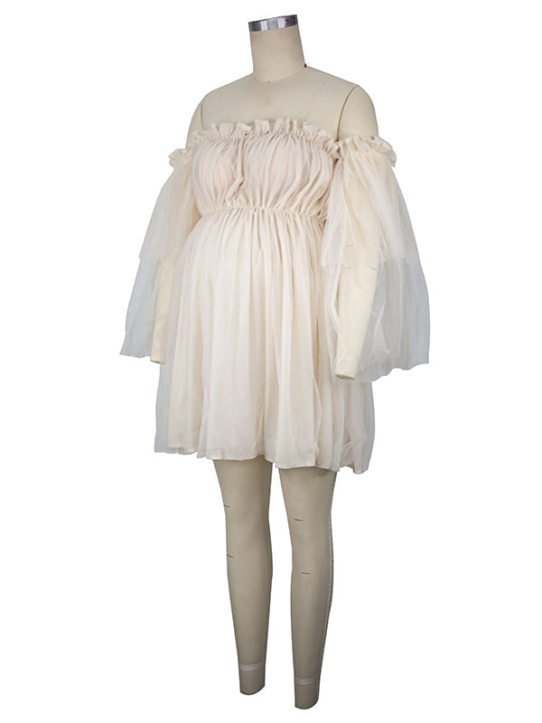 Apricot Off Shoulder Tulle Plus Size Maternity Mini Dress