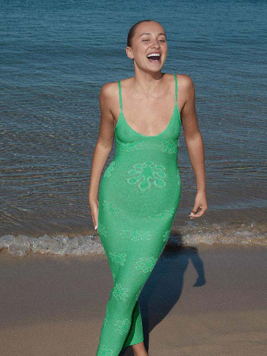 fotobeyou Green Spaghetti Strap Tribal Vacation Beach Maternity Photoshoot Maxi Dress