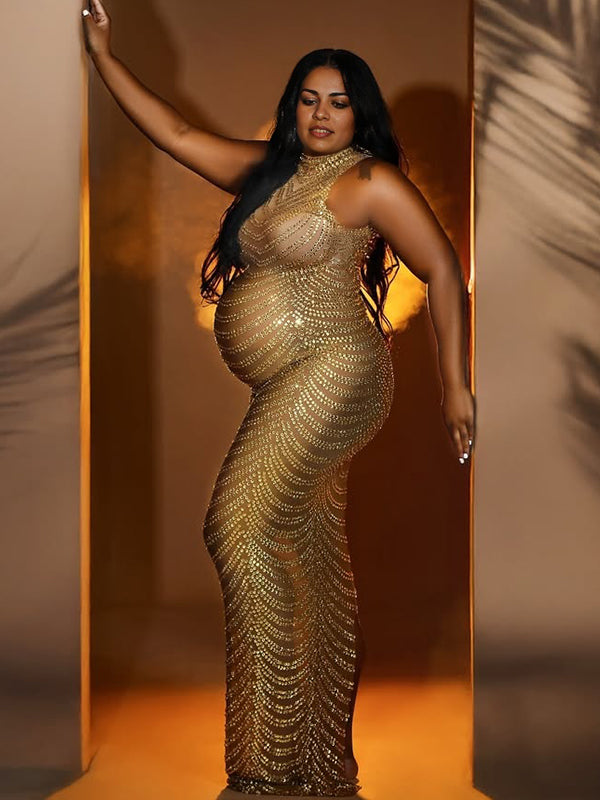 fotobeyou Gold Rhinestone Mesh Sheer Backless Plus Photoshoot Maternity Maxi Dress