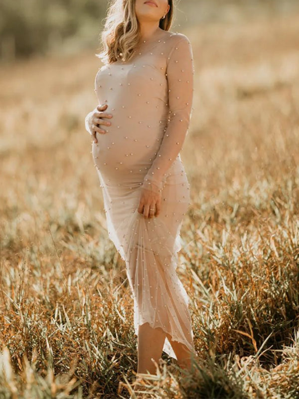 fotobeyou Mesh Solid Color Beading Pearl Rhinestone Long Sleeve Cover-ups Side Slit Photoshoot Maternity Maxi Dress
