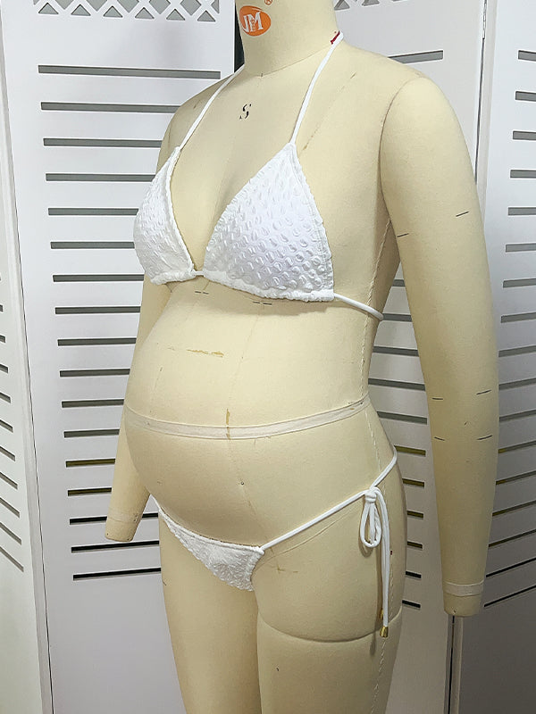 fotobeyou White Smocked Halter Neck Bikini Set Two Piece Beach Vacation Fashion Maternity Swimsuit Swimwear