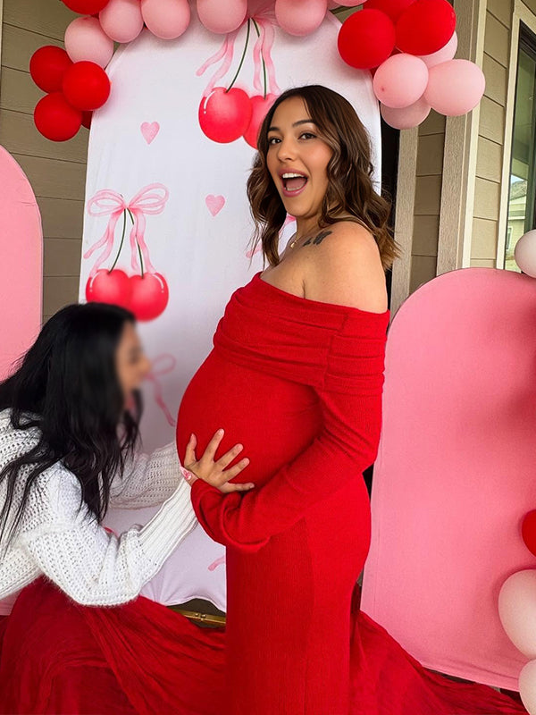 Fotobeyou Red Off Shoulder Open Back Bodycon Maternity Baby Shower Maxi Dress