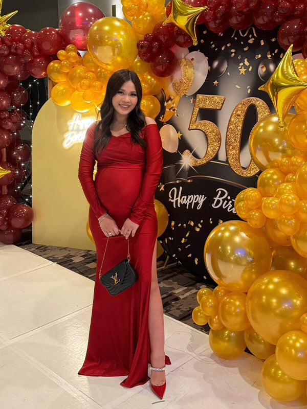 fotobeyou Off Shoulder Long Sleeve Slit Bodycon Solid Baby Shower Party Evening Gown Maternity Maxi Dress