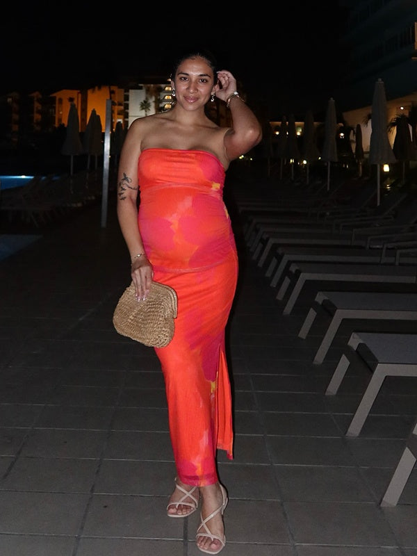 fotobeyou Red-Orange Color Stamp Duty Side Slit Vacation Beach Baby Shower Maternity Photoshoot Maxi Dress