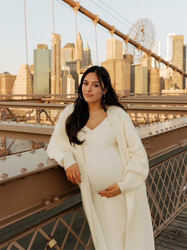 fotobeyou White Knitting  V-Neck Bodycon Two Pieces Cardigan Elegant Baby Shower Maternity Maxi Sweater Dress
