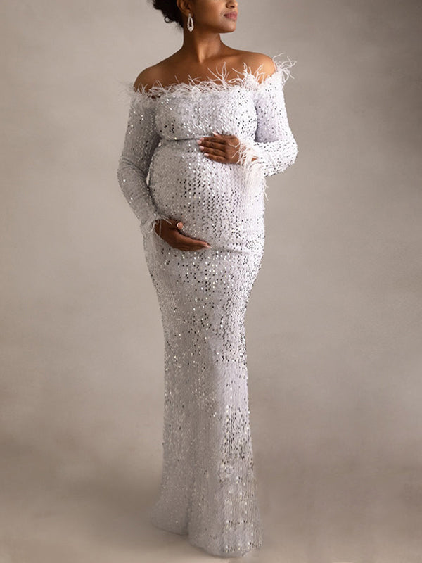 fotobeyou White Sparkly Sequin Feather Off Shoulder Elegant Evening Gown Maternity Photoshoot Baby Shower Party Maxi Dress