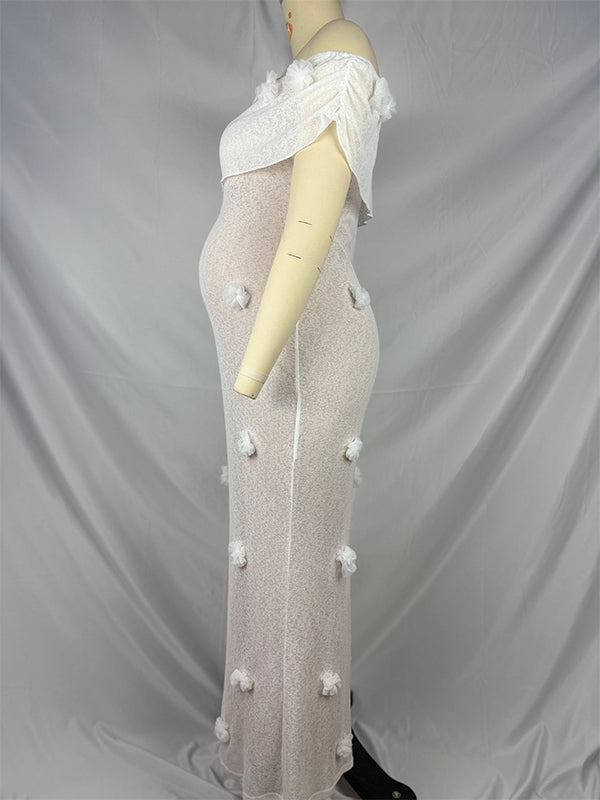 fotobeyou White Off Shoulder 3D Flowers Plus Size Baby Shower Maternity Maxi Dress