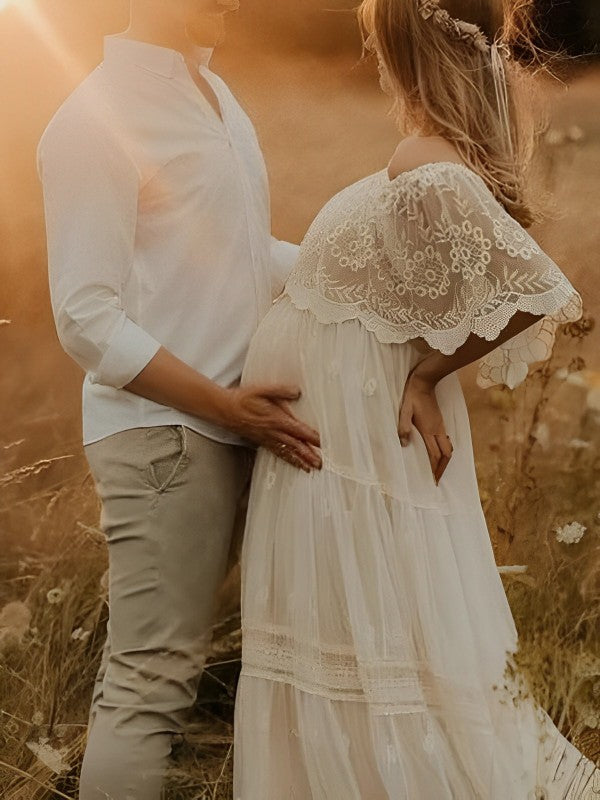 fotobeyou White Off Shoulder Lace Tiered Boat Neck Flowy Elegant Maternity Photoshoot Dress