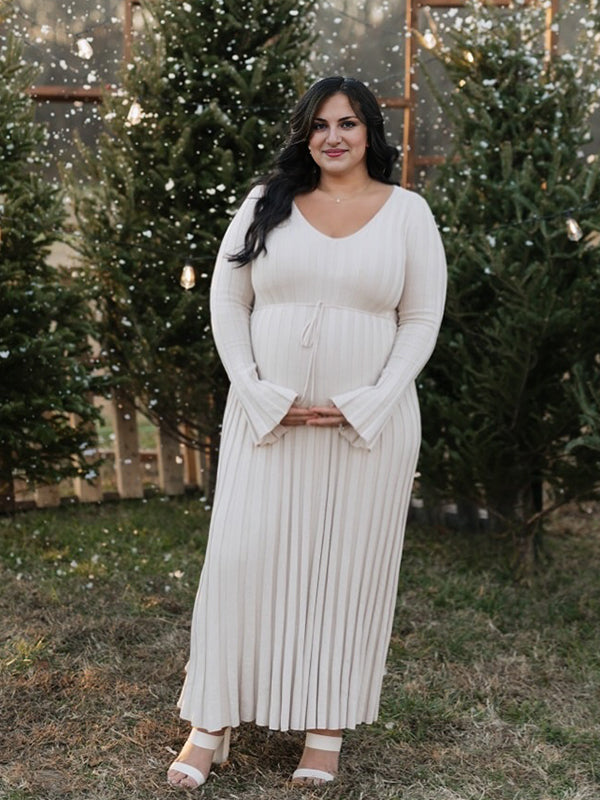 Knit Pleated Big Swing Maternity Photoshoot Sweater Maxi Dress
