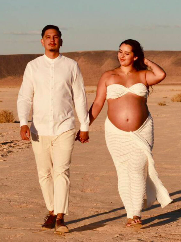 fotobeyou White Cross Chest Bandeau Backless Lace Crop Front Draped 2-in-1 Lace-up Bodycon Baby Shower Maternity Maxi Dress