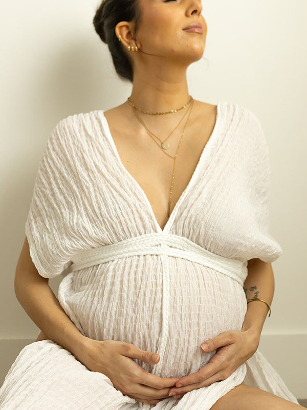fotobeyou V-Neck Linen Cotton Bohemian Backless Thigh High Side Slits Tassel Vacation Photoshoot Maternity Maxi Dress