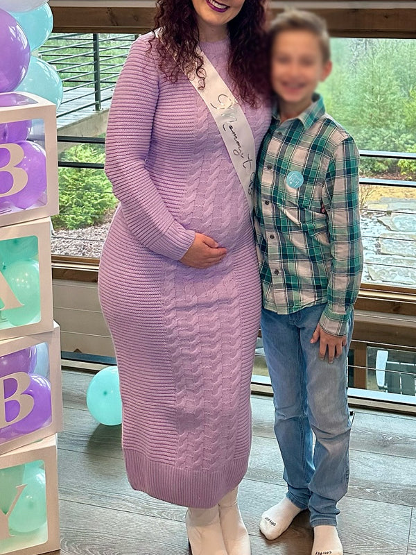 Fotobeyou Purple Round Neck Crochet Maternity Baby Shower Sweater Maxi Dress