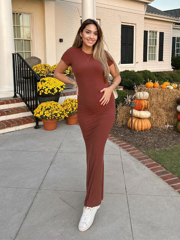 fotobeyou Brown Solid Color Short Sleeve Bodycon Daily Casual Baby Shower Maternity Maxi Dress