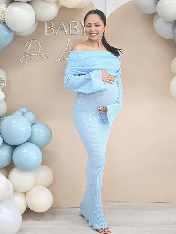 fotobeyou Blue Knit Ruched Off Shoulder Flare Sleeve Bodycon Elegant Cocktail Party Gown Maternity Photoshoot Baby Shower Maxi Dress