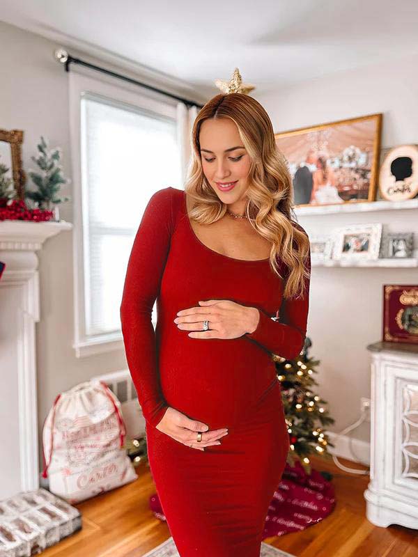 fotobeyou Burgundy Ruched Square Neck Bodycon Christmas Going Out Elegant Maternity Photoshoot Maxi Dress