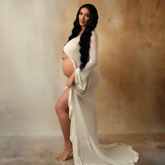 Maternity Dress Gown Transparent Ruffle Woman Belly Hollowed Out Long Sleeved Baby Shower