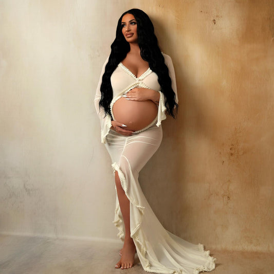 Maternity Dress Gown Transparent Ruffle Woman Belly Hollowed Out Long Sleeved Baby Shower
