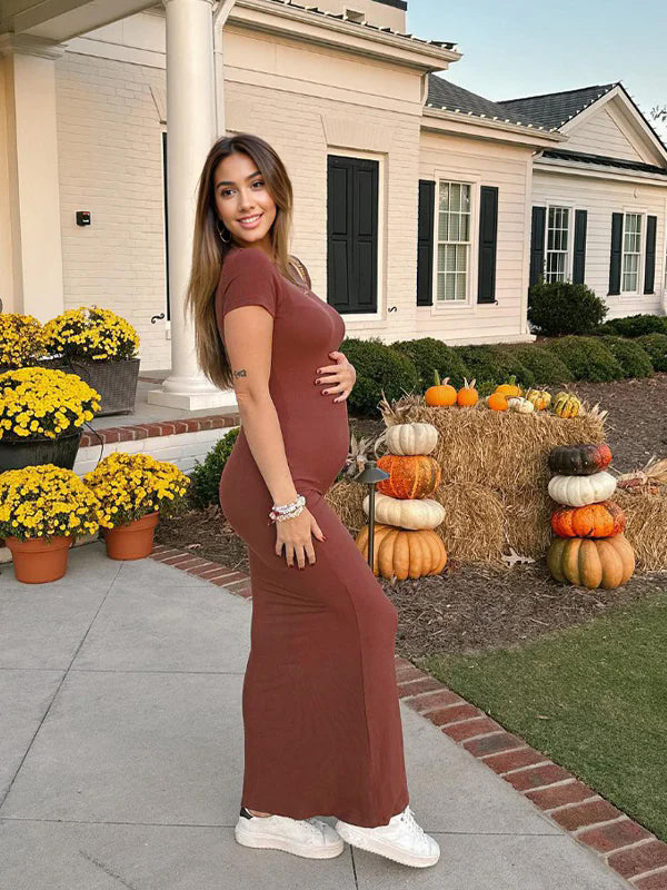 fotobeyou Brown Solid Color Short Sleeve Bodycon Daily Casual Baby Shower Maternity Maxi Dress