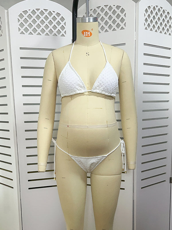 fotobeyou White Smocked Halter Neck Bikini Set Two Piece Beach Vacation Fashion Maternity Swimsuit Swimwear