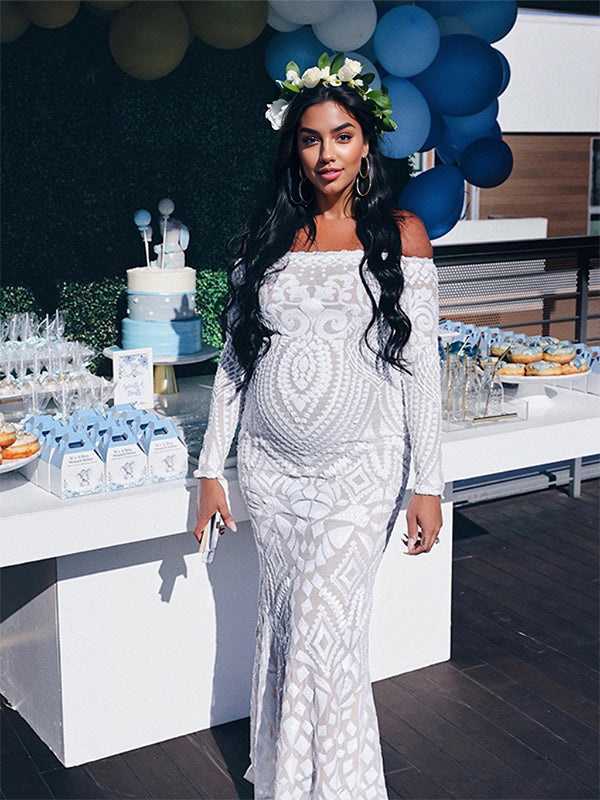 fotobeyou White Lace Sequin Off Shoulder Mermaid Bodycon Wedding Gown Baby Shower Elegant Foamal Maternity Photoshoot Maxi Dress