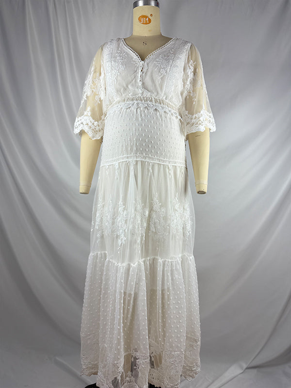fotobeyou White Lace Ruffle Embroidery Boho Plus Photoshoot Maternity Maxi Dress