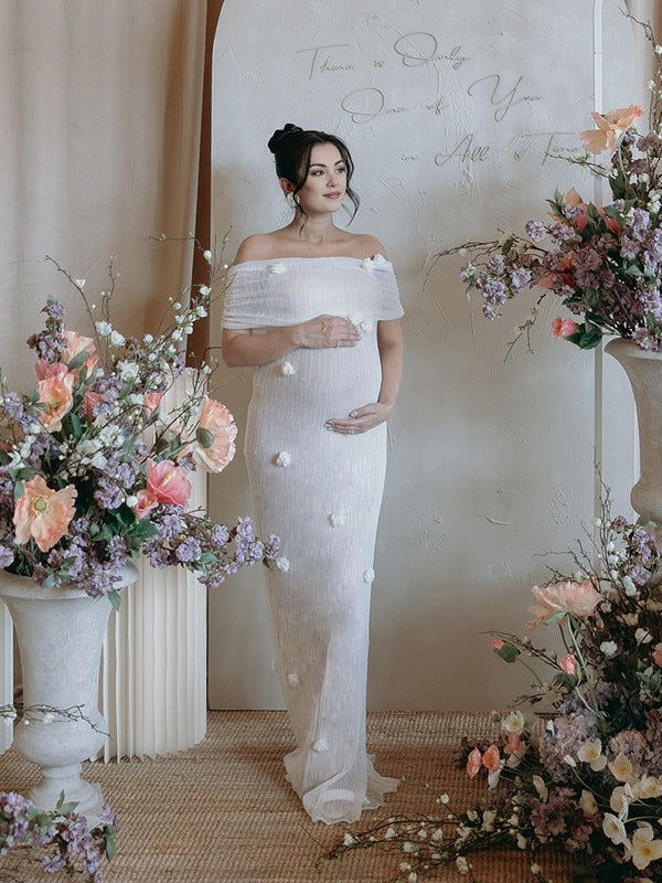 fotobeyou White Off Shoulder 3D Flowers Grenadine Sheer Bodycon Elegant Beach Photoshoot Baby Shower Maternity Maxi Dress
